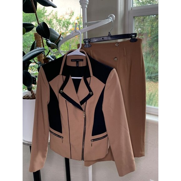 Womens Skirt Suit WHBM Color Block Asym Zip Detail Midi Length Tan Sz 4 7047 - Picture 8 of 11